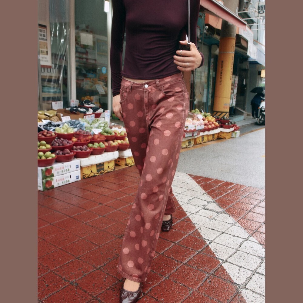 Rust Red Polka Dot Print Denim Loose Fit Extra Long Straight Jeans